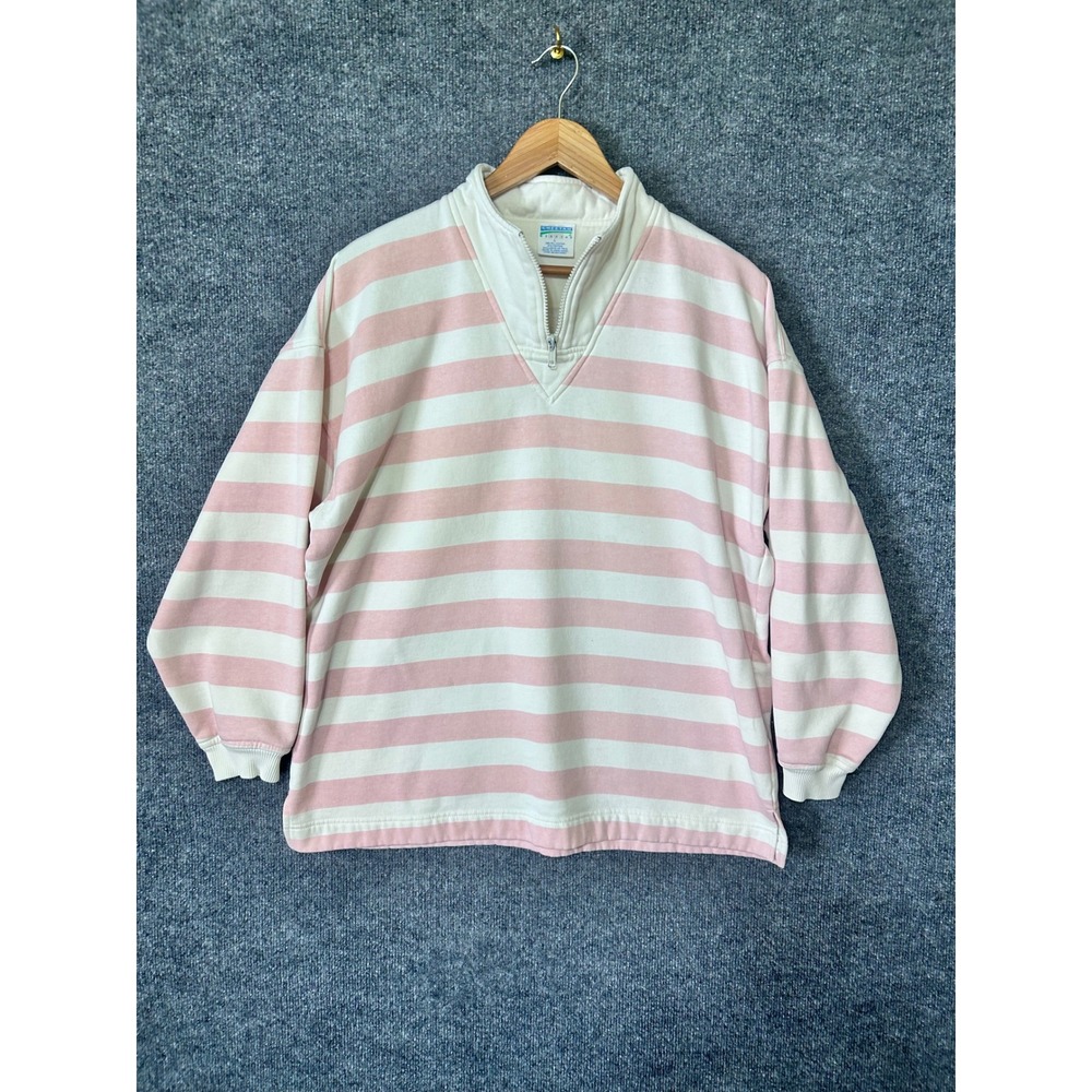 Vintage Cheetah Mervyns Pink White Striped Quarter Zip Sweatshirt Womens Large